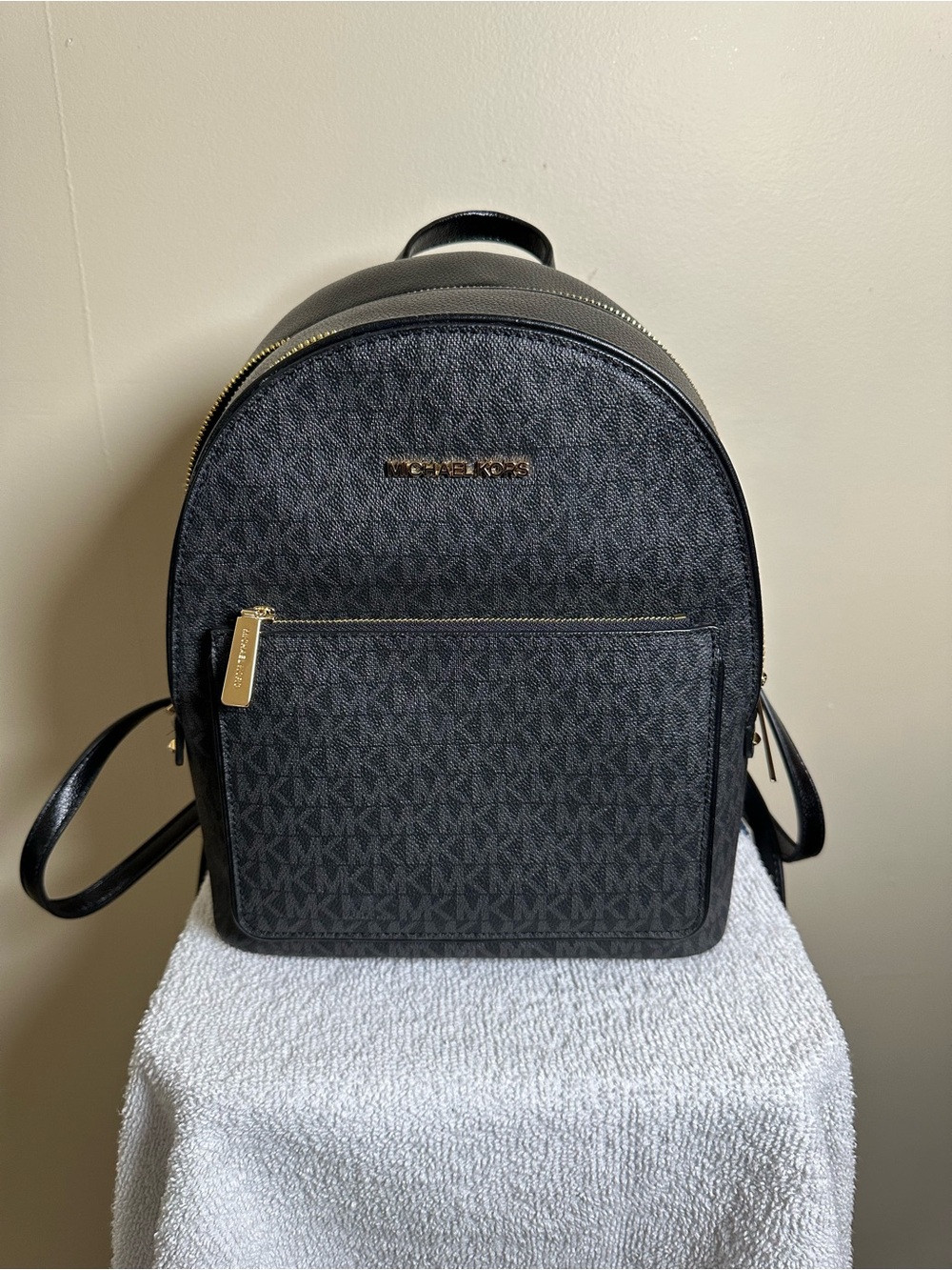Michael Kors Black MK Logo Dome Backpack with Gold Accents